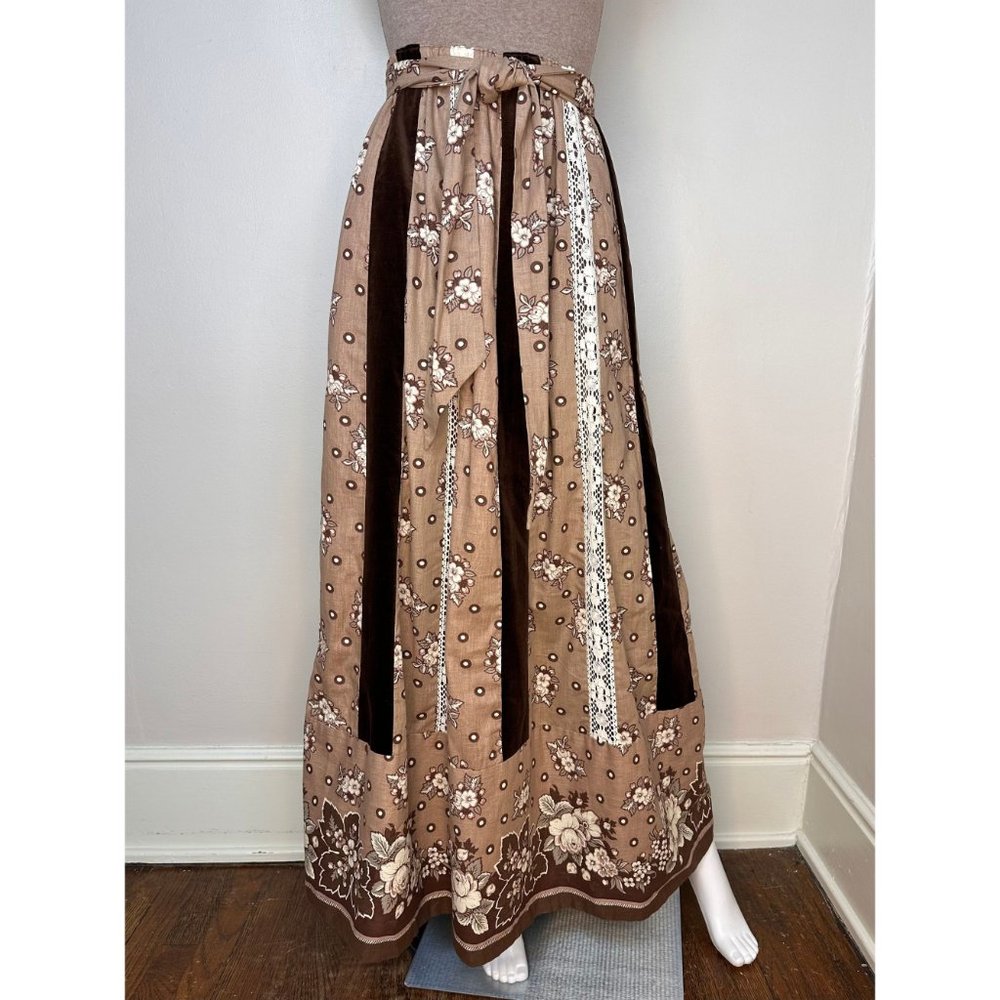 Vintage 1970s Mocha Brown Floral Lace Brown Velvet Patchwork Maxi Skirt, Mr Hank - Picture 2 of 9